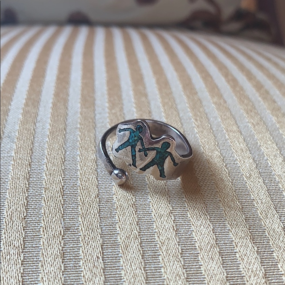 Vintage turquoise inlaid silver adjustable ring